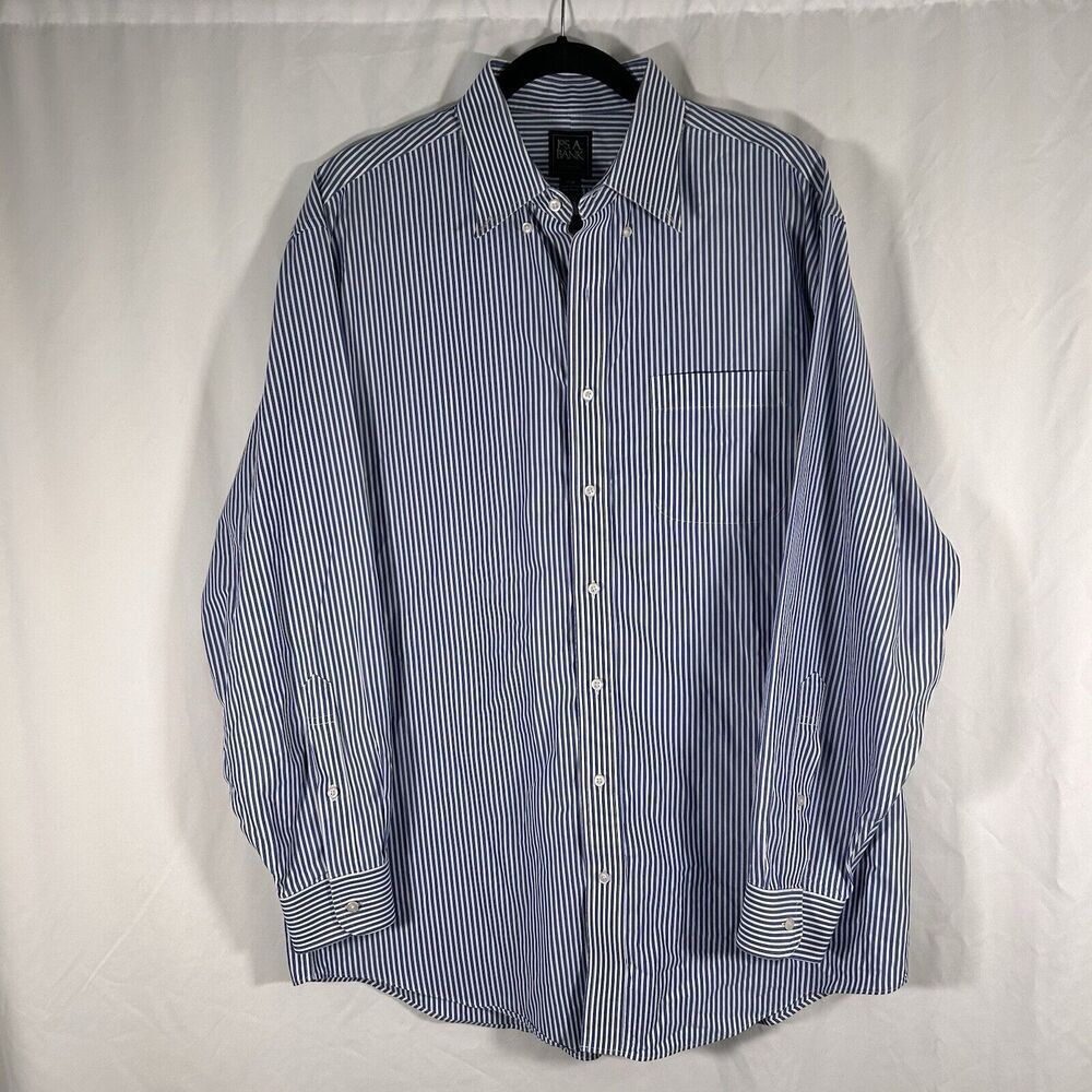 Jos A Bank Traveler Dress Shirt Men's 17 34 Blue White Striped Button Up Long S